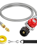 Adjustable 0 to 30 PSI Propane Regulator With Gauge And Stainless QCC1 Hose 5 Feet Length Three Eighths Flare To One Eighth MNPT Fittings