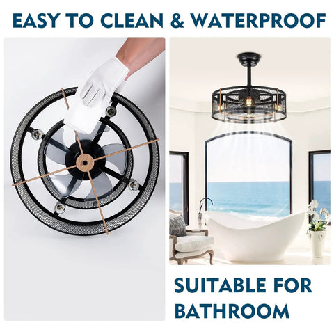 20 Inch Farmhouse Ceiling Fan With Lights Remote Control Black Industrial Cage Style Dope Reversible Motor shown in bathroom