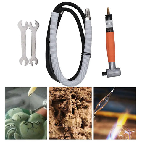 Top Tier Pneumatic Die Grinder Pumping Out Lightning Fast 50000 RPM In A Compact Pencil Handle, includes hose and wrenches for metal shaping.
