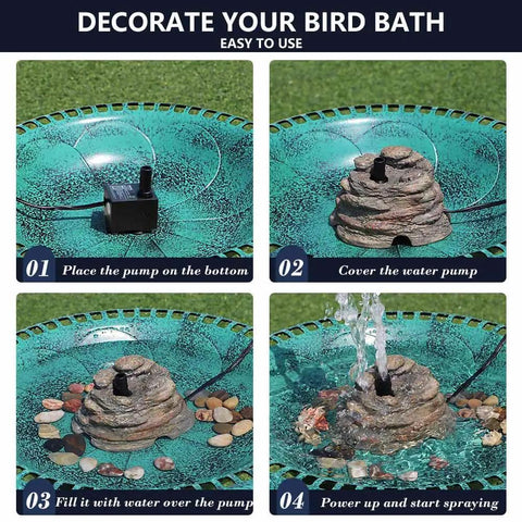 Durable Resin Rock Fountain With Realistic Stone Texture, Easy Setup No Fuss Outdoor Bird Bath Waterfall Pump Kit, Brown Finish, 9.8 Ft Power Cord in a turquoise bird bath with stones and water spray for garden decor.