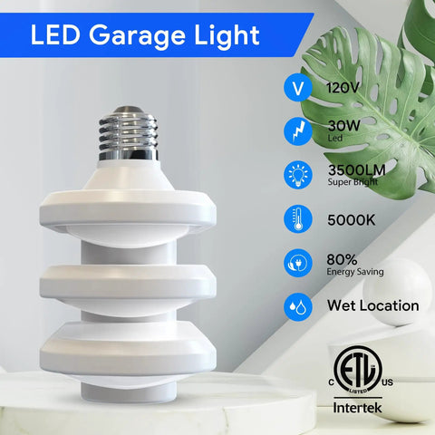 LED Garage Ceiling Light With E26 Base And 3 Flexible Panels, 5000K Daylight, 30W, 3500 Lumens, Screw In Easy Install, front view