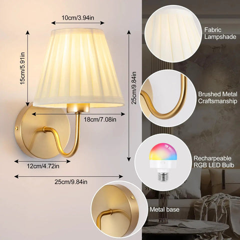 Must Have Battery Operated Wall Sconce Set Of 2 With Pleated Fabric Shade In Gold Remote Control Cordless Rechargeable Wall Lamps