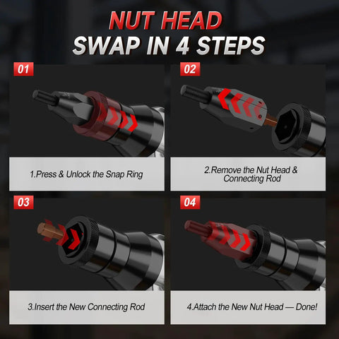 High Voltage Brushless Rivet Nut Tool With Kick Butt 2030 Lbs Tug step-by-step guide for nut head swap process.
