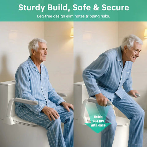 Thick Cast Iron Toilet Safety Rails For Seniors Featuring Slick Fold Handles And Non Slip Base, providing support while sitting.