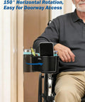 Wheelchair Cup Holder With 6.4 Inch Storage Box And 2 In 1 Design on a wheelchair with 150° rotation for easy doorway access.