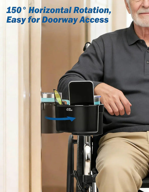 Wheelchair Cup Holder With 6.4 Inch Storage Box And 2 In 1 Design on a wheelchair with 150° rotation for easy doorway access.