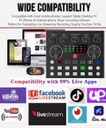 Podcast Gear Bundle With BM800 Microphone And V8S Voice Changer Condenser Studio Kit shown with multi-device compatibility chart.
