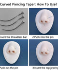 Step-by-step guide using Titanium Threadless Piercing Tapers Set 16G 18G 20G With Curved Insertion Pins for nose piercing demonstration.