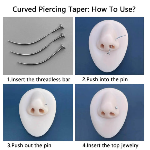 Step-by-step guide using Titanium Threadless Piercing Tapers Set 16G 18G 20G With Curved Insertion Pins for nose piercing demonstration.