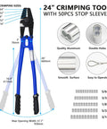 Heavy Duty 24 Inch All In One Hand Crimping And Cutting Tool For Wire Rope Swager Crimper Cutter One Sixteenth Of An Inch To Three Sixteenths Of An Inch Wires Includes 50 Aluminum Stop Sleeves Durable Steel Construction For Long Lasting Use And with 5 crimping sizes shown on diagram