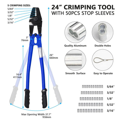 Heavy Duty 24 Inch All In One Hand Crimping And Cutting Tool For Wire Rope Swager Crimper Cutter One Sixteenth Of An Inch To Three Sixteenths Of An Inch Wires Includes 50 Aluminum Stop Sleeves Durable Steel Construction For Long Lasting Use And with 5 crimping sizes shown on diagram