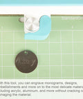 Pro Grade Premium Carbide Engraving Tool and Tip for Cricut Joy and Joy Xtra engraving a metal disc with 'Amy' text