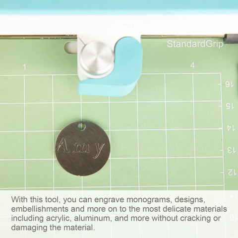 Pro Grade Premium Carbide Engraving Tool and Tip for Cricut Joy and Joy Xtra engraving a metal disc with 'Amy' text