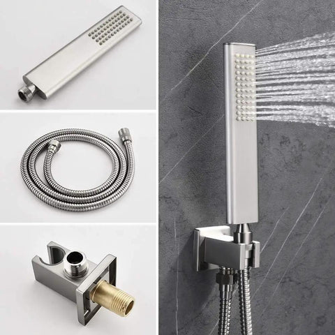All In One Ceiling Mount Rain Shower System With Rain Shower Head And Handheld, Brushed Nickel Finish, hand shower and hose