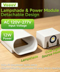 VOOOV 7.9 Inch White LED Wall Sconce Includes 5CCT Dimmable Lighting with detachable lampshade and COB module on a wooden surface.
