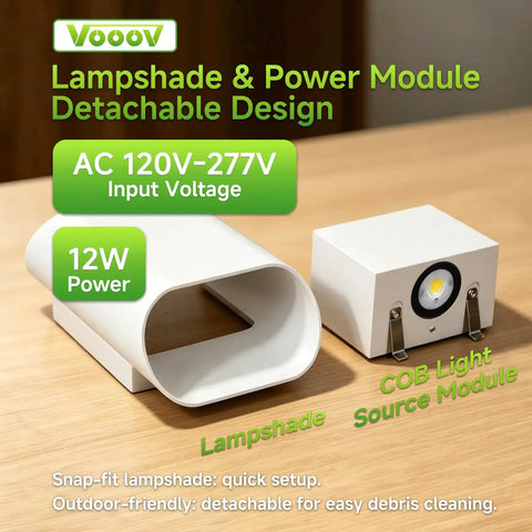 VOOOV 7.9 Inch White LED Wall Sconce Includes 5CCT Dimmable Lighting with detachable lampshade and COB module on a wooden surface.