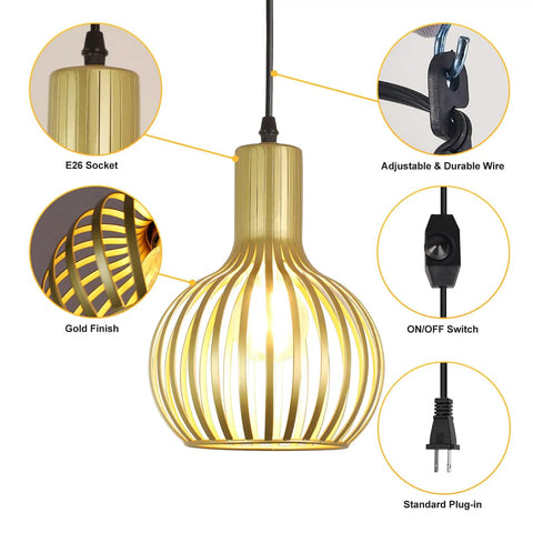 Gold Pendant Light Fixture With Adjustable Rope For E26 Bulbs, Industrial Hanging Pendant Lamp showing gold finish and wire details