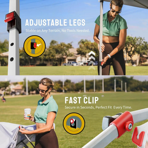 Woman demonstrating setup of 12x12 Ft Pop Up Canopy Tent With Instant Center Lock, outdoors, showing adjustable legs and fast clip feature