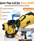 Open-Top Lid detail of Heavy Hitter Cordless Paint Sprayer With Dual 20V Rechargeable Batteries And Hvlp Paint Gun Kit for easy refills.