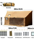 Hammock Ready Hot Tent With Stove Jack And Double Sided Mesh Windows For All Season Camping, shown with dimensions and components.