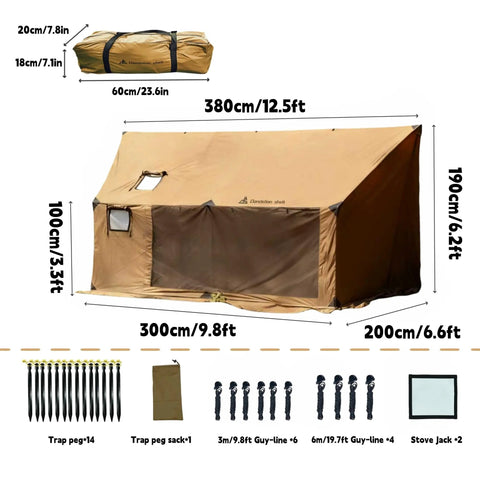 Hammock Ready Hot Tent With Stove Jack And Double Sided Mesh Windows For All Season Camping, shown with dimensions and components.