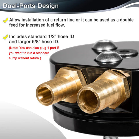 Close-up of Diesel Fuel Tank Sump Kit with Dual Port Integrated Return For Airdog FASS Cummins Duramax Powerstroke Engines.