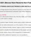 Image of a product description for Keyless Entry Remote Key Fob Replacement Plug And Play Fits Nissan Xterra Frontier with warranty details.
