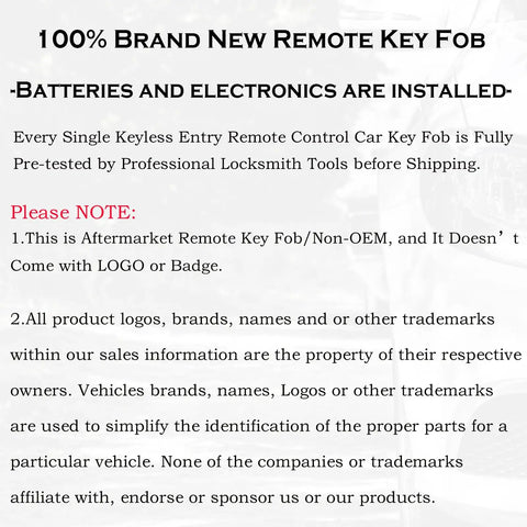 Image of a product description for Keyless Entry Remote Key Fob Replacement Plug And Play Fits Nissan Xterra Frontier with warranty details.