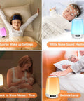 Smart App Controlled Night Light With Built In Sound Machine For Baby Nursery 48 RGB Colors 14 White Noise Sounds Bluetooth shown in various settings