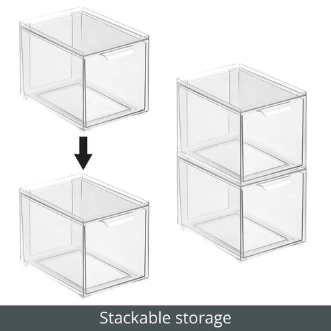 Clear 2 Pack Slim Stackable Closet Organizer Bins With Pull Out Drawers For Shoes Bags Totes Accessories And Small Linens stacking demo