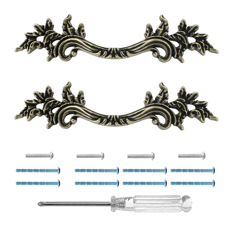 Two Pack European Style Dresser Pulls 2-1/2 Inch Bronze Antique Vintage Cabinet Handles For Dresser Drawer Closet And Cabinet Doors, Easy Installation With Screws, Retro Decorative Hardware shown with screws and screwdriver