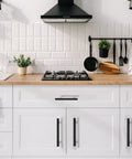 Modern kitchen with white cabinets featuring Twenty Pack Matte Black Cabinet Pulls With 96 Millimeter Hole Center For Easy Install And A 5.7 Inch Overall Length Stainless Steel Hardware For Kitchen Cabinets Bathroom Drawers And Closet Shelves.