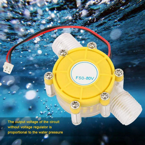 F50 Micro Hydro DC Water Flow Generator 80V Hydroelectric Turbine Pump for Off Grid Power in Yellow.
