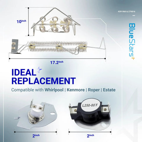 Heavy Duty Dryer Heating Element And Thermal Cutoff Kit For Whirlpool And Kenmore Dryers, dimensions and parts visible