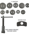 Pro Grade Front And Rear Disc Brake Caliper Tool Set With 11 Adapters For Most Cars showing adapters and pressure screw.