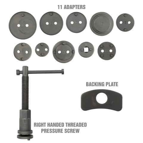 Pro Grade Front And Rear Disc Brake Caliper Tool Set With 11 Adapters For Most Cars showing adapters and pressure screw.