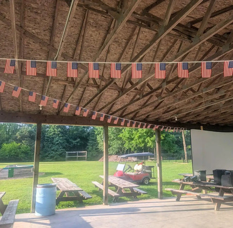Patriotic String Flags Banner Set For Memorial Day And Fourth Of July, 65 Feet US Flag Garlands Hanging in Outdoor Pavilion