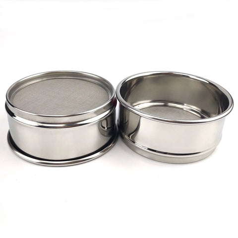 Workhorse 200 Mesh Lab Sieve for Precise Screening, 4 Inch Diameter, 304 Stainless Steel Wire Cloth, shown with double layer frame.