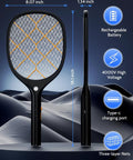 Front and side view of Electric Fly Swatter Zapper Racket 4000V Beast Mosquito Killer With LED Light For Indoor And Outdoor Use Ideal For Home Office Backyard Patio Camping Black And Orange.