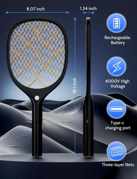 Front and side view of Electric Fly Swatter Zapper Racket 4000V Beast Mosquito Killer With LED Light For Indoor And Outdoor Use Ideal For Home Office Backyard Patio Camping Black And Orange.