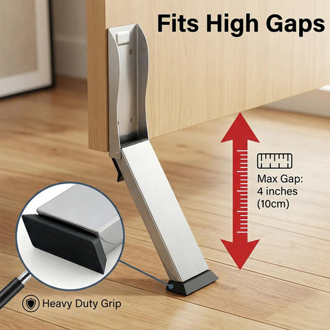 Heavy Duty Kickdown Door Stopper For Bottom Of Door, Hands Free Knock To Lock Design And No Bend Required, fits door gaps up to 10 cm.