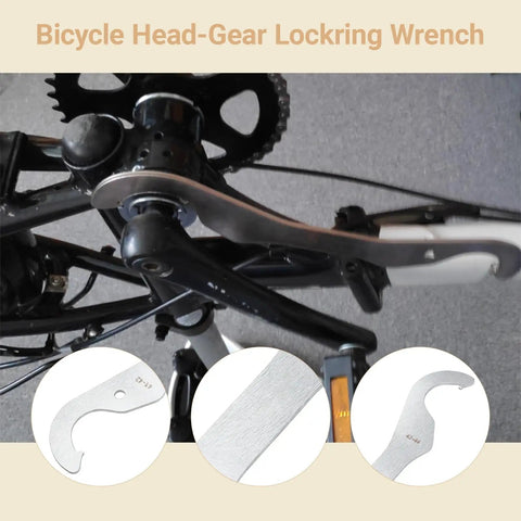 Bicycle Headset Lockring Wrench With Dual Radius Hooks 41-42 mm Outer Diameter And 43-44 mm Ring Length in use on a bike