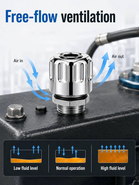 Vourtm 3/4 Npt Hydraulic Breather Cap With 40 Micron Filtration showing air flow for free ventilation on machinery