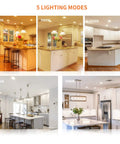 Meconard 6 Pack 3 Inch 5CCT LED Recessed Lighting, Canless Wafer Downlight displayed in 5 kitchen settings with varying color temperatures.