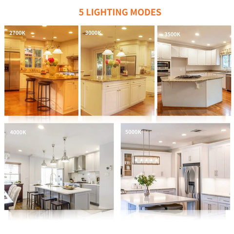 Meconard 6 Pack 3 Inch 5CCT LED Recessed Lighting, Canless Wafer Downlight displayed in 5 kitchen settings with varying color temperatures.