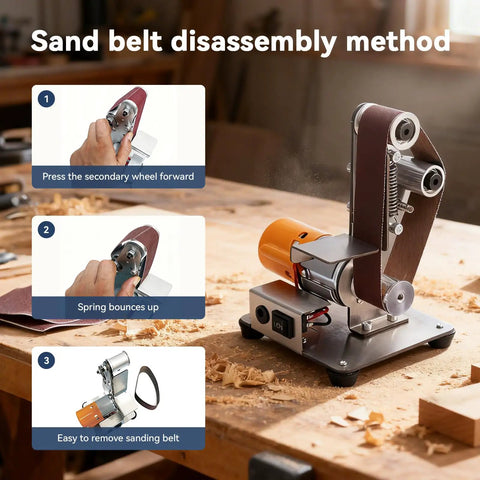 Robust Mini Belt Sander And Electric Grinder With 7 Adjustable Speeds Heavy Duty Bench Grinder demonstrating sand belt disassembly method.