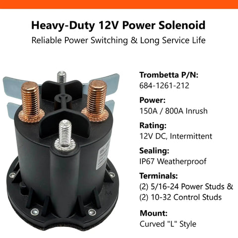 12V Solenoid Switch Relay Kit With Genuine Trombetta 684 1261 212 PowerSeal Contactor for hydraulic pumps, IP67 sealed