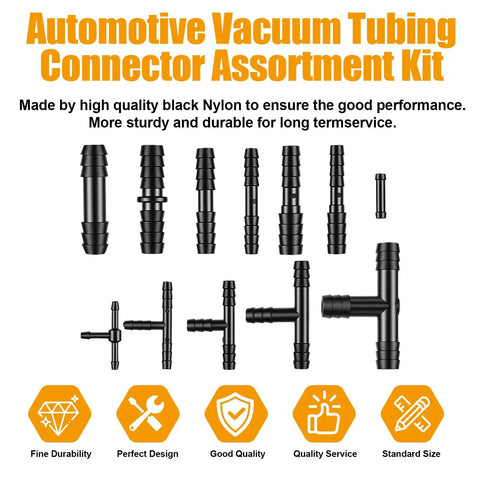 Ultimate Auto Vacuum Hose Kit With 6 Ft Silicone Tubes And 115 Nylon Connectors For Hot Rods And Muscle Cars Plus Quick Fix Fittings, black nylon assortment