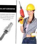 Woman holding drill with Garden Auger Drill Chuck Adapter For Hammer Drill And Earth Auger Connector Beast For Planting Bulbs Stump Removal And DIY Projects Electric Hammer Compatible on display