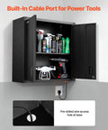 Sturdy Steel Wall Cabinet for Garage and Home Storage, 30W x 12.2D x 30H Inches, Locking Doors, Adjustable Shelves, Holds Up To 120 Lbs Per Shelf, Space Saving Floating Cabinet for Tools and Supplies, Wall Mounted, Black, with cable port
